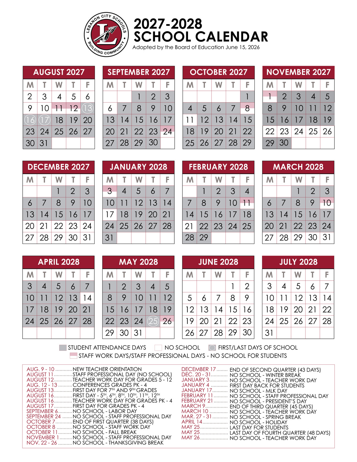 2027-2028 lebanon city schools academic calendar